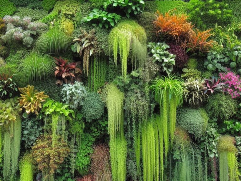 pared vertical con plantas colgantes